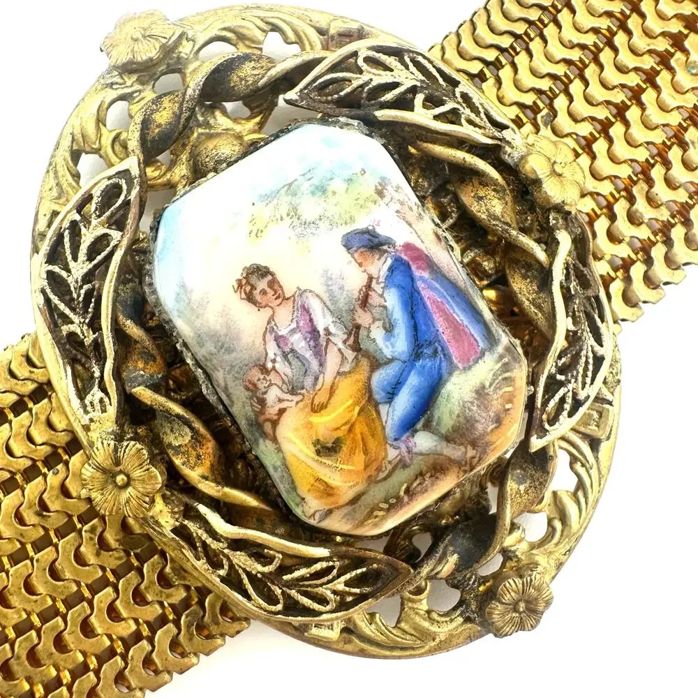Vintage Victorian Revival gold tone hand painted portrait mesh bracelet